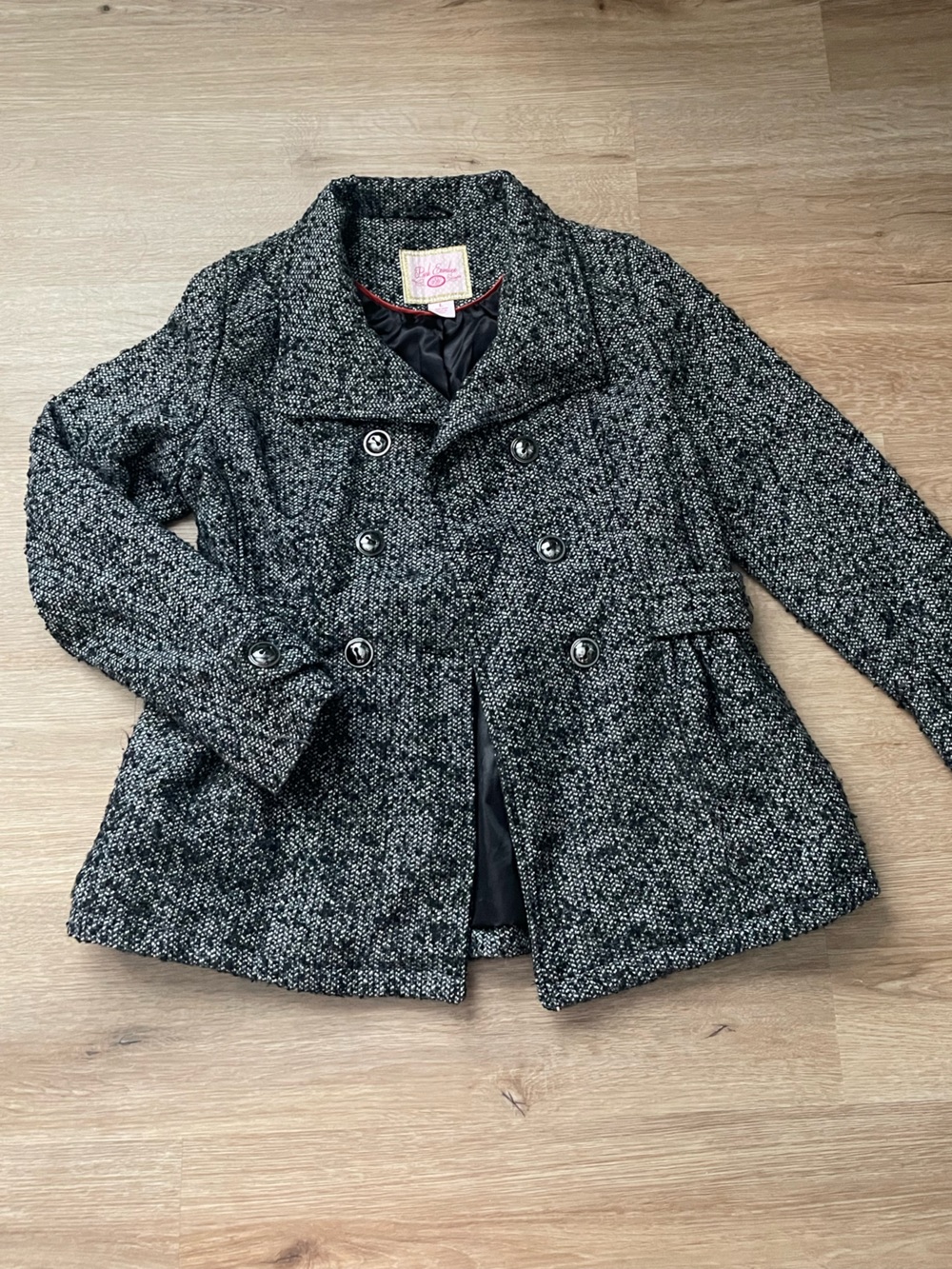 Pink Envelope Black and White Tweed Double-Breasted Pea Coat